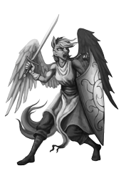 Size: 2480x3508 | Tagged: safe, artist:vitaj, imported from derpibooru, rainbow dash, anthro, pegasus, plantigrade anthro, braid, clothes, coat, fantasy class, female, fighter, gloves, grayscale, high res, mare, monochrome, muscles, myth (bungie), myth: the fallen lords, open mouth, screaming, shield, shoes, simple background, solo, sword, transparent background, warrior, weapon, wings