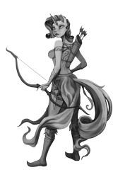 Size: 2480x3508 | Tagged: safe, artist:vitaj, imported from derpibooru, rarity, anthro, plantigrade anthro, unicorn, archer, archery, arrow, bow (weapon), bow and arrow, clothes, coat, dress, evening gloves, female, fingerless elbow gloves, fingerless gloves, fir'bolg, gloves, grayscale, high res, knife, long gloves, mare, monochrome, myth (bungie), myth: the fallen lords, quiver, shoes, simple background, solo, tattoo, transparent background, weapon