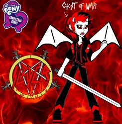 Size: 1984x2024 | Tagged: safe, artist:vicenteortiz99, imported from derpibooru, oc, demon, equestria girls, blood, clothes, crossover, demon horns, demon slayer, demon wings, donut steel, edgy, equestria girls-ified, fire, ghost of war, heavy metal, horns, leather boots, leather jacket, male, pentagram, red and black oc, red eyes, shoes, slayer, solo, sword, thrash metal, weapon, wings