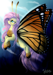 Size: 2894x4093 | Tagged: safe, artist:julunis14, imported from derpibooru, fluttershy, butterfly, hybrid, pony, antennae, butterfly wings, flutterfly, solo, species swap, wings