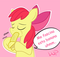 Size: 2569x2441 | Tagged: safe, artist:lup, imported from derpibooru, apple bloom, earth pony, pony, banana, bananabloom, dishonorapple, female, filly, foal, food, herbivore, pink background, simple background, solo, spanish, spanish text, speech bubble