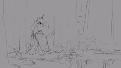 Size: 2555x1440 | Tagged: safe, artist:anticular, imported from derpibooru, princess luna, alicorn, pony, breath, cloak, clothes, female, forest, grayscale, mare, monochrome, sketch, smiling, solo, wip