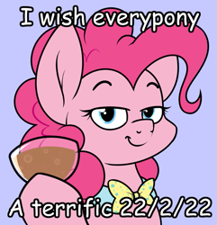 Size: 793x821 | Tagged: safe, artist:moonatik, imported from derpibooru, pinkie pie, earth pony, pony, bowtie, comic sans, female, glass, looking at you, mare, pilk, simple background, solo, text, twosday