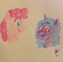 Size: 2048x1993 | Tagged: safe, artist:jesslmc16, imported from derpibooru, izzy moonbow, pinkie pie, earth pony, pony, unicorn, bust, colored pencil drawing, drawing, duo, g5, my little pony: a new generation, traditional art