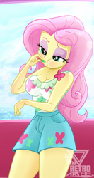 Size: 1252x2360 | Tagged: safe, artist:theretroart88, imported from derpibooru, fluttershy, equestria girls, equestria girls series, spring breakdown, spoiler:eqg series (season 2), adorasexy, bare shoulders, breasts, busty fluttershy, cleavage, clothes, cute, female, food, lidded eyes, popsicle, sexy, shorts, shyabetes, sleeveless, solo, stupid sexy fluttershy, watermark