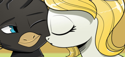 Size: 744x339 | Tagged: safe, artist:candyclumsy, imported from derpibooru, earth pony, griffon, comic:revolution of harmony, cropped, female, interspecies, kissing, mare