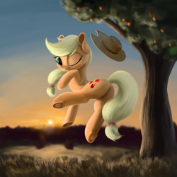 Size: 2250x2250 | Tagged: safe, artist:flusanix, imported from derpibooru, applejack, earth pony, pony, action pose, apple, apple tree, applebucking, applebutt, applejack's hat, butt, cowboy hat, female, frog (hoof), hat, hat off, high res, mare, one eye closed, plot, raised hoof, solo, sunset, tree, underhoof