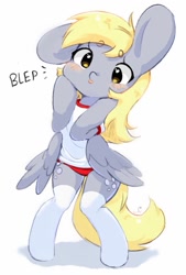Size: 693x1023 | Tagged: safe, artist:bubbletea, imported from derpibooru, derpy hooves, pegasus, semi-anthro, :p, beanbrows, buruma, clothes, cute, derp, derpabetes, eyebrows, g4, gym uniform, one ear down, simple background, socks, solo, sports panties, stockings, thigh highs, thighs, tongue out, white background