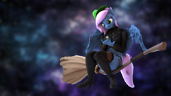 Size: 3840x2160 | Tagged: safe, artist:dangerousdpad, imported from derpibooru, oc, oc:green screen, oc:sophie lockes, anthro, pegasus, pony, 3d, anthro oc, anthro with ponies, broom, cute, duo, duo female, female, flying, flying broomstick, hat, in goliath's palm, micro, pegasus oc, size difference, source filmmaker, tiny, tiny ponies, witch, witch hat