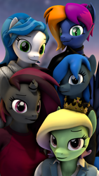 Size: 2160x3840 | Tagged: safe, artist:dangerousdpad, imported from derpibooru, oc, oc only, oc:drella, oc:flutterrocket, oc:green screen, oc:lacuna, oc:layla horizon, anthro, bat pony, earth pony, pegasus, unicorn, 3d, broken horn, clothes, eyebrows, eyelashes, female, group, horn, looking at you, pegasus oc, smiling, smiling at you