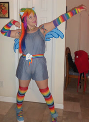 Size: 2094x2864 | Tagged: safe, artist:drowninginrice, imported from derpibooru, rainbow dash, human, 2012, armpits, clothes, cosplay, costume, high res, irl, irl human, multicolored hair, photo, rainbow hair, rainbow socks, socks, solo, striped socks