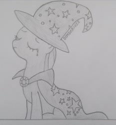 Size: 2400x2570 | Tagged: safe, artist:dimdariusz, imported from derpibooru, trixie, earth pony, pony, cape, clothes, crying, earth pony trixie, eyebrows, eyes closed, female, grayscale, hat, mare, monochrome, pencil drawing, photo, race swap, sad, signature, simple background, sitting, solo, traditional art, trixie's cape, trixie's hat