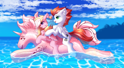 Size: 3840x2110 | Tagged: safe, alternate version, artist:airiniblock, imported from derpibooru, oc, oc only, oc:bay breeze, oc:swift apex, pegasus, pony, bow, chest fluff, commission, duo, ear fluff, featureless crotch, female, hair bow, inflatable, inflatable toy, male, mare, ocean, pegasus oc, pool toy, rcf community, spring lily, stallion, water, wings