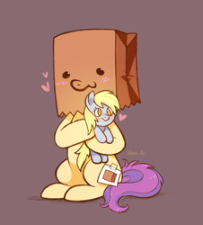 Size: 1524x1687 | Tagged: safe, artist:mn27, artist:paperbagpony, color edit, edit, imported from derpibooru, derpy hooves, oc, oc:paper bag, pony, blushing, colored, cute, face on a bag, fake cutie mark, female, heart, mare, ocbetes, paper bag, plush derpy, plushie, pony plushie