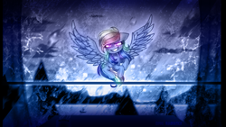 Size: 2025x1140 | Tagged: safe, artist:opal_radiance, imported from derpibooru, pegasus, pony, frostpunk, g4, ice, snow, storm, watching, wind, window