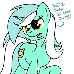 Size: 2000x2000 | Tagged: safe, artist:dafiltafish, imported from derpibooru, lyra heartstrings, pony, unicorn, apologetic, apology, dialogue, female, high res, horn, mare, open mouth, simple background, solo, tail, text, two toned mane, two toned tail, white background