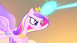 Size: 1920x1080 | Tagged: safe, imported from derpibooru, screencap, princess cadance, alicorn, pony, season 4, three's a crowd, angry, blast, crown, female, flying, jewelry, magic, magic beam, magic blast, mare, regalia, solo, tiara