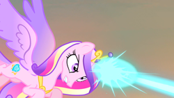 Size: 1920x1080 | Tagged: safe, imported from derpibooru, screencap, princess cadance, alicorn, pony, season 4, three's a crowd, angry, blast, crown, female, flying, jewelry, magic, magic beam, magic blast, regalia, solo, tiara