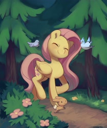 Size: 3429x4096 | Tagged: safe, artist:cherrnichka, imported from derpibooru, fluttershy, bird, blue jay, pegasus, pony, rabbit, animal, bush, cute, eyes closed, female, fir tree, flower, folded wings, forest, happy, high res, mare, outdoors, path, shyabetes, smiling, solo, tree, walking, wings