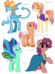 Size: 1024x1366 | Tagged: safe, artist:incendiarymoth, imported from derpibooru, oc, oc only, oc:brook, oc:coran, oc:sherbert icing, oc:spectrum, butterfly, butterfly pony, dragon, hybrid, pegasus, pony, unicorn, blank flank, butterfly wings, wings