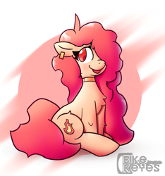 Size: 3198x3415 | Tagged: safe, artist:bike_keyes, imported from derpibooru, oc, oc only, earth pony, pony, :p, abstract background, blushing, chest fluff, collar, colored pupils, cute, ear piercing, earring, eyelashes, female, fire, floppy ears, hair over one eye, high res, jewelry, long hair, long mane, looking up, mare, piercing, pony oc, red eyes, red hair, sitting, smiling, solo, tongue out