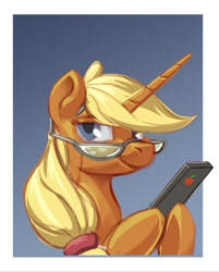 Size: 779x967 | Tagged: safe, artist:applepost67, imported from derpibooru, applejack, alicorn, pony, alicornified, applecorn, border, bust, cellphone, female, glasses, gradient background, hoof hold, iphone, looking at you, mare, phone, race swap, smartphone, smiling, smiling at you, solo