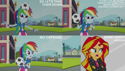 Size: 1280x720 | Tagged: safe, edit, edited screencap, editor:quoterific, imported from derpibooru, screencap, rainbow dash, sunset shimmer, equestria girls, rainbow rocks, canterlot high, clothes, crossed arms, cutie mark on clothes, duo, duo female, female, football, jacket, leather, leather jacket, open mouth, smiling, sports, statue