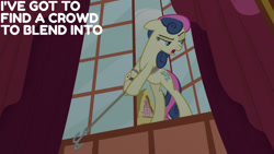 Size: 1280x720 | Tagged: safe, edit, edited screencap, editor:quoterific, imported from derpibooru, screencap, bon bon, sweetie drops, earth pony, pony, season 5, slice of life (episode), bipedal, female, floppy ears, mare, open mouth, ponyville town hall, secret agent sweetie drops, solo