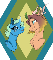 Size: 3100x3500 | Tagged: safe, artist:ask-y, imported from derpibooru, oc, oc only, changedling, changeling, pony, antlers, bust, changedling oc, changeling oc, chest fluff, duo, female, mare, simple background, smiling, transparent background