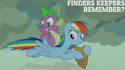 Size: 1280x720 | Tagged: safe, edit, edited screencap, editor:quoterific, imported from derpibooru, screencap, rainbow dash, spike, dragon, pegasus, pony, season 7, shadow play, duo, female, flying, male, mare, open mouth, open smile, smiling, spread wings, wings