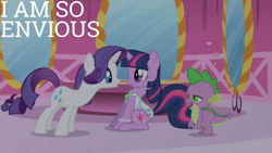 Size: 1280x720 | Tagged: safe, edit, edited screencap, editor:quoterific, imported from derpibooru, screencap, rarity, spike, twilight sparkle, dragon, pony, unicorn, friendship is magic, season 1, carousel boutique, female, male, mare, open mouth, open smile, smiling, trio, unicorn twilight