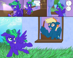 Size: 5000x4000 | Tagged: safe, artist:kaikururu, imported from derpibooru, oc, oc only, pegasus, pony, absurd resolution, comic, curtains, dialogue, ears back, eye clipping through hair, female, frown, grass, gritted teeth, hoof hold, hooves, lamp, looking at something, looking back, mare, onomatopoeia, open mouth, pegasus oc, raised hoof, short tail, sitting, smiling, speech bubble, spread wings, tail, tongue out, two toned mane, wing hands, wings