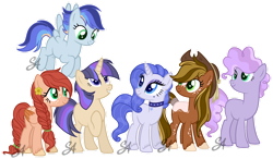 Size: 1280x749 | Tagged: safe, artist:stellaartist13, imported from derpibooru, oc, oc only, oc:ambrosia blossom, oc:andomed shine, oc:candy floss, oc:cortland roots, oc:moonstone glow, oc:tropic rain, earth pony, pegasus, pony, unicorn, appaloosa, base used, braid, choker, coat markings, cowboy hat, earth pony oc, female, flower, flying, folded wings, freckles, hat, hoof on chest, horn, looking up, mare, next generation, offspring, outline, parent:applejack, parent:big macintosh, parent:comet tail, parent:fancypants, parent:fluttershy, parent:pinkie pie, parent:pokey pierce, parent:rainbow dash, parent:rarity, parent:soarin', parent:trouble shoes, parent:twilight sparkle, parents:cometlight, parents:fluttermac, parents:pokeypie, parents:raripants, parents:soarindash, parents:troublejack, pegasus oc, signature, simple background, smiling, spread wings, standing, transparent background, unicorn oc, unshorn fetlocks, watermark, white outline, wings