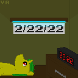 Size: 512x512 | Tagged: safe, artist:valuable ashes, imported from derpibooru, oc, oc:technical writings, pony, unicorn, banner, desk, digital clock, existential crisis, lying down, lying on the floor, neon, pixel art, solo, story included, twosday