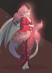 Size: 990x1402 | Tagged: safe, artist:bakki, imported from derpibooru, oc, alicorn, anthro, kirin, unguligrade anthro, fanfic:questionable ethics, abstract background, anthro oc, breasts, cleavage, clothes, fanfic art, kimono (clothing), kirin oc, looking at you