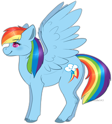 Size: 1296x1434 | Tagged: safe, artist:pinky-poodle, imported from derpibooru, rainbow dash, pegasus, pony, backwards cutie mark, eyebrows, eyebrows visible through hair, female, full body, hooves, mare, side view, signature, simple background, smiling, solo, spread wings, standing, tail, transparent background, unshorn fetlocks, wings