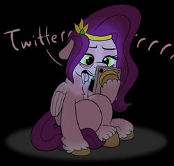 Size: 1831x1744 | Tagged: safe, artist:doodledonutart, imported from derpibooru, pipp petals, pegasus, pony, addiction, bags under eyes, dark background, female, g5, mare, meta, my little pony: a new generation, phone, solo, twitter