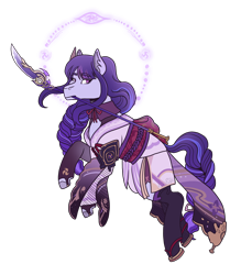 Size: 2800x3200 | Tagged: safe, artist:kikirdcz, imported from derpibooru, pony, clothes, genshin impact, gloves, long gloves, mouth hold, naginata, ponified, raiden shogun (genshin impact), sandals, simple background, solo, stockings, thigh highs, transparent background, weapon, zori