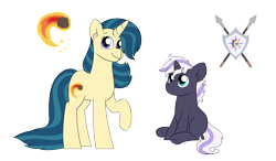 Size: 5000x2910 | Tagged: safe, artist:queenderpyturtle, imported from derpibooru, oc, oc only, pony, unicorn, colt, duo, ear fluff, female, foal, full body, high res, hooves, horn, male, mare, raised hoof, simple background, sitting, smiling, standing, tail, transparent background, two toned mane, two toned tail, unicorn oc