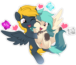 Size: 5866x5000 | Tagged: safe, artist:jhayarr23, imported from derpibooru, oc, oc only, oc:osteen, oc:peacher, pegasus, pony, commission, flower, happy, heart, hug, looking at each other, looking at someone, love, open mouth, peachsteen, pegasus oc, spread wings, wings, ych result