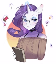Size: 2282x2615 | Tagged: safe, artist:yukomaussi, imported from derpibooru, rarity, anthro, unicorn, abstract background, ambiguous facial structure, blushing, book, bra, bra strap, choker, clothes, eyelashes, eyeshadow, female, gem, glasses, glowing, glowing horn, halfbody, high res, horn, lidded eyes, magic, magic aura, makeup, meganekko, off shoulder, off shoulder sweater, round glasses, sweater, telekinesis, underwear