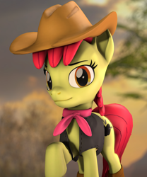 Size: 1762x2115 | Tagged: safe, artist:soulbeat1, imported from derpibooru, apple bloom, earth pony, pony, 3d, alternate cutie mark, clothes, female, hat, mare, older, solo, source filmmaker