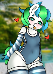 Size: 496x702 | Tagged: safe, artist:anykoe, imported from derpibooru, oc, oc:ticker gale, earth pony, semi-anthro, clothes, cute, heart eyes, one-piece swimsuit, socks, solo, striped socks, swimsuit, tongue out, wingding eyes