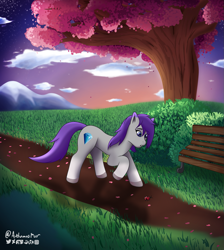 Size: 1305x1454 | Tagged: safe, artist:autumnsfur, imported from derpibooru, oc, oc only, oc:glitter stone, earth pony, insect, ladybug, pony, bench, blue eyes, bush, cloud, dawn, detailed background, diamond, eyebrows, female, g5, grass, gray coat, grey fur, leaves, mare, mountain, my little pony: a new generation, nature, orange sky, outdoors, path, purple mane, shadow, signature, sky, solo, stars, sunset, trail, tree, trotting, watermark