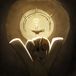 Size: 2524x2524 | Tagged: safe, artist:czu, imported from derpibooru, oc, oc only, oc:tallow wick, unicorn, backlighting, bust, candle, darkest dungeon, darkness, ear fluff, high res, hooves up, horn, light, looking up, open mouth, solo, the legend of zelda, unicorn oc, video game reference
