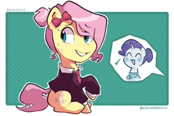 Size: 2100x1400 | Tagged: safe, artist:matterproblem, imported from derpibooru, fluttershy, rarity, pony, 2022, abstract background, alternate hairstyle, bow, clothes, duo, hair bow, jacket, necktie, offscreen character, shirt, signature, solo focus, sweat