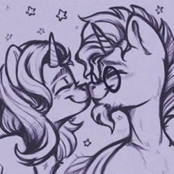 Size: 3000x3000 | Tagged: safe, artist:amishy, imported from derpibooru, starlight glimmer, sunburst, pony, unicorn, duo, duo male and female, eyes closed, female, glasses, high res, male, mare, nuzzling, scrunchy face, shipping, smiling, stallion, starburst, straight, sunburst's glasses