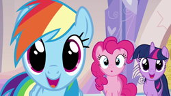 Size: 1280x720 | Tagged: safe, imported from derpibooru, screencap, pinkie pie, rainbow dash, twilight sparkle, earth pony, pegasus, pony, unicorn, games ponies play, season 3, cute, dashabetes, dilated pupils, excited, female, looking at something, looking at you, mare, reaction image, trio, trio female, unicorn twilight