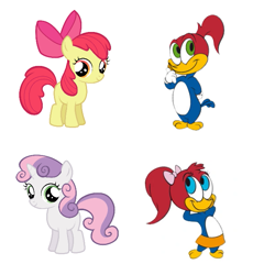 Size: 637x663 | Tagged: safe, edit, imported from derpibooru, apple bloom, sweetie belle, bird, earth pony, pony, unicorn, adorabloom, apple bloom's bow, bow, cartoon, crossover, cute, diasweetes, female, filly, foal, g4, hair bow, knothead, male, simple background, splinter (woody woodpecker), the new woody woodpecker show, white background, woodpecker, woody woodpecker
