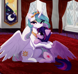 Size: 2589x2464 | Tagged: safe, artist:empress-twilight, imported from derpibooru, princess celestia, twilight sparkle, alicorn, pony, duo, duo female, female, high res, hug, i can't believe it's not magnaluna, mare, teary eyes, twilight sparkle (alicorn)
